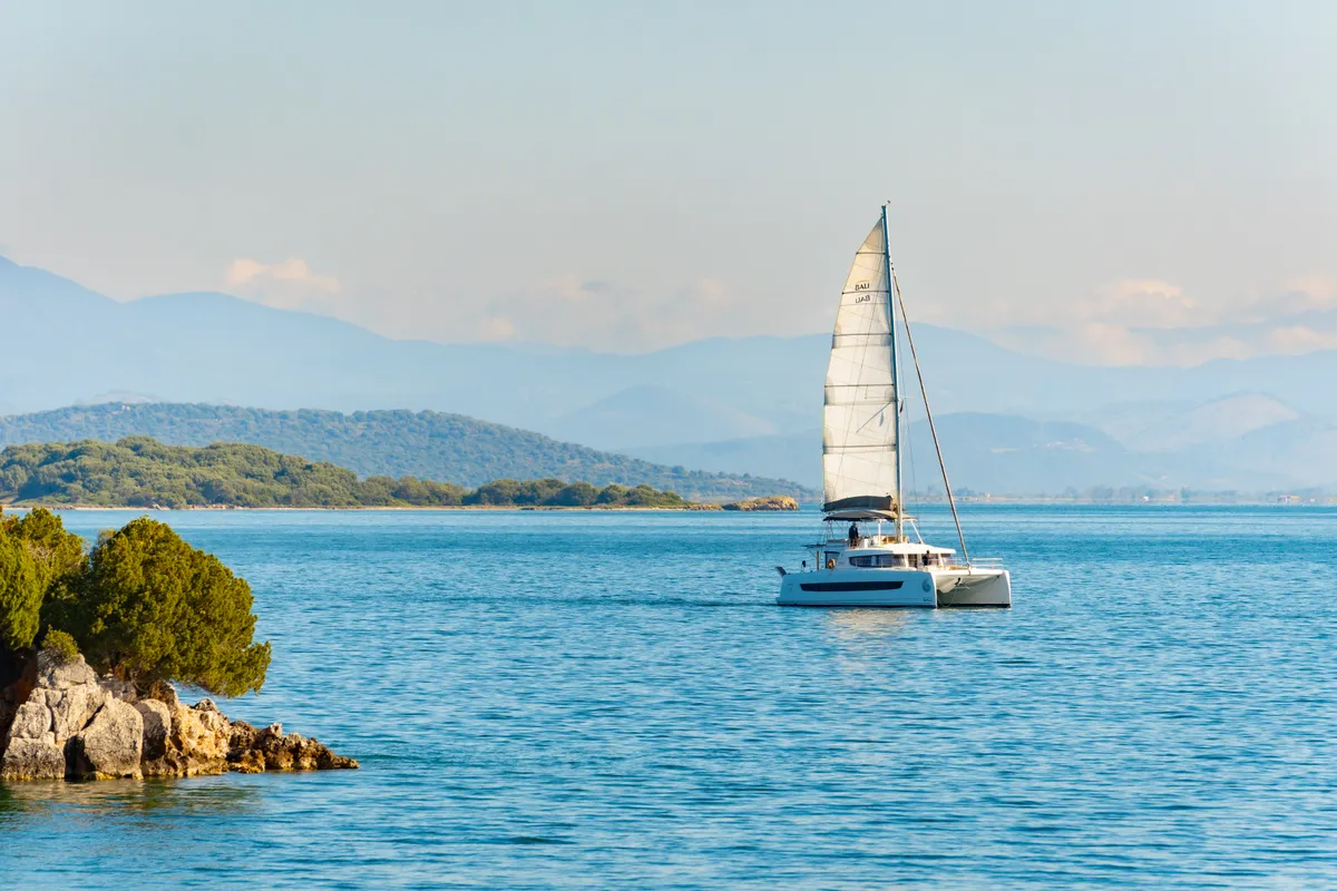 Exterior view of Stelina, a Bali 4.8 catamaran at Preveza, Greece