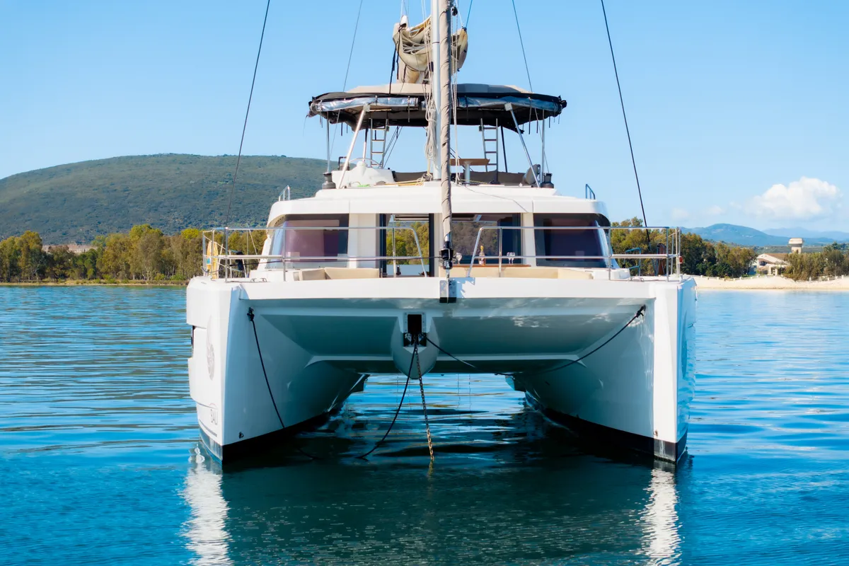 Exterior view of Stelina, a Bali 4.8 catamaran at Preveza, Greece