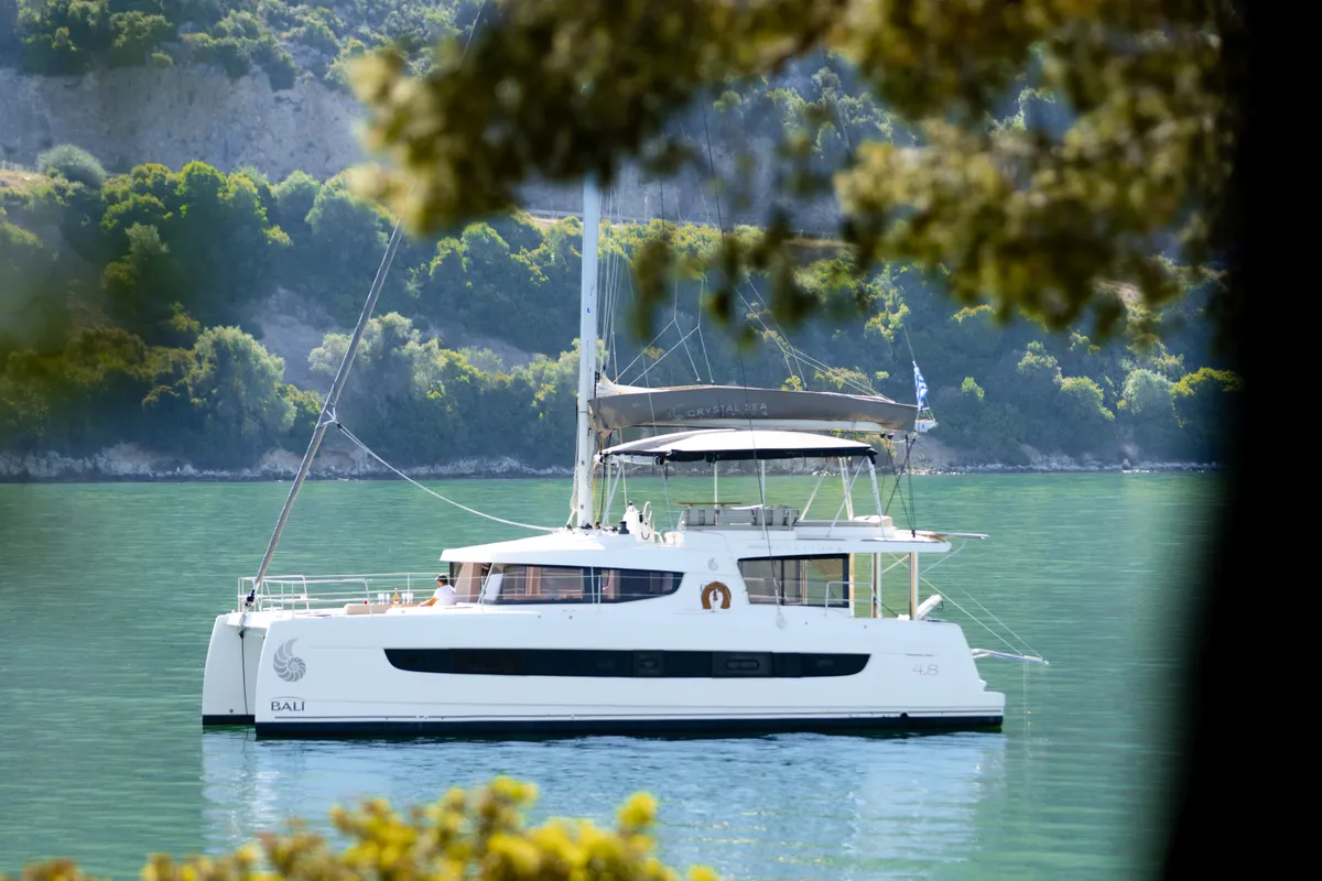 Exterior view of Stelina, a Bali 4.8 catamaran at Preveza, Greece