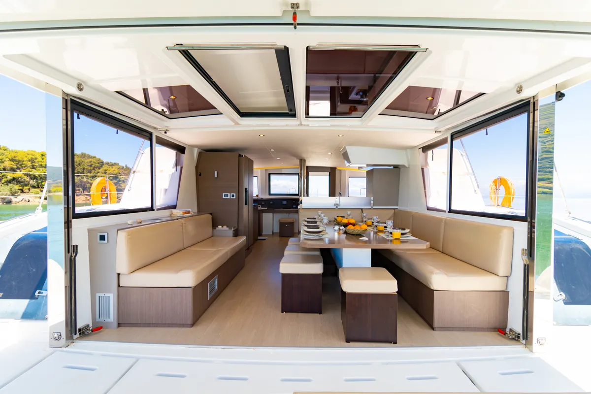 Salon of Stelina, a Bali 4.8 catamaran at Preveza, Greece
