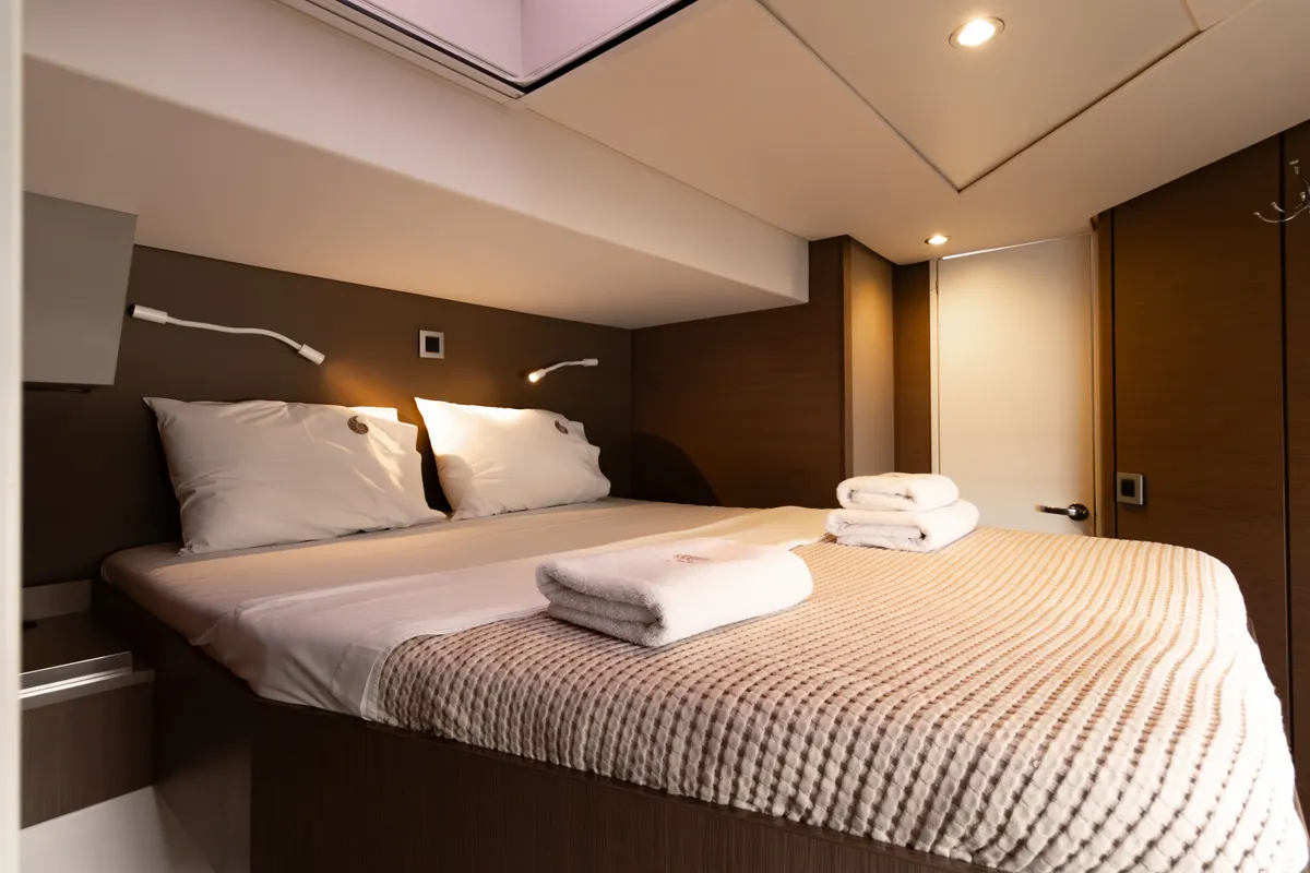 Cabin on Stelina, a Bali 4.8 catamaran at Preveza, Greece