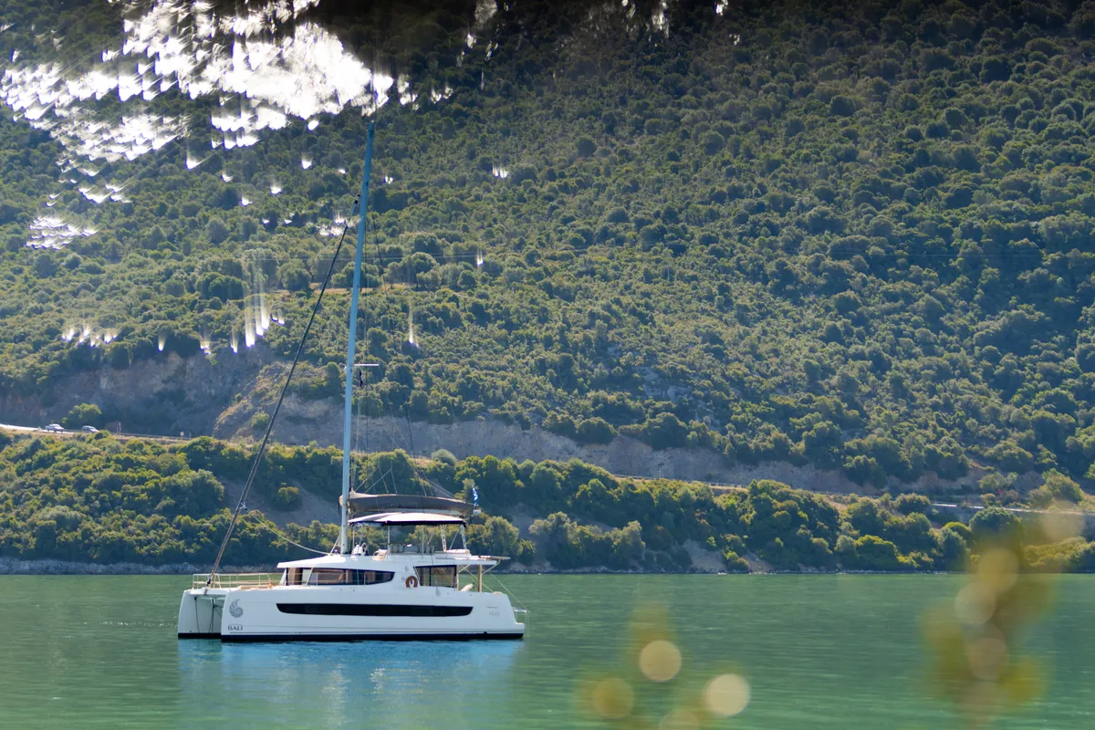 Exterior view of Stelina, a Bali 4.8 catamaran at Preveza, Greece