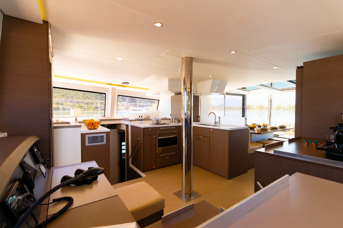 Salon of Stelina, a Bali 4.8 catamaran at Preveza, Greece