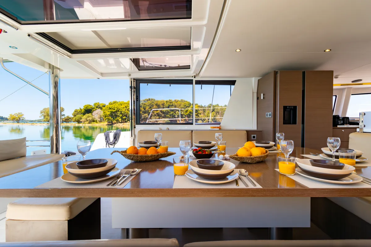 Salon of Stelina, a Bali 4.8 catamaran at Preveza, Greece