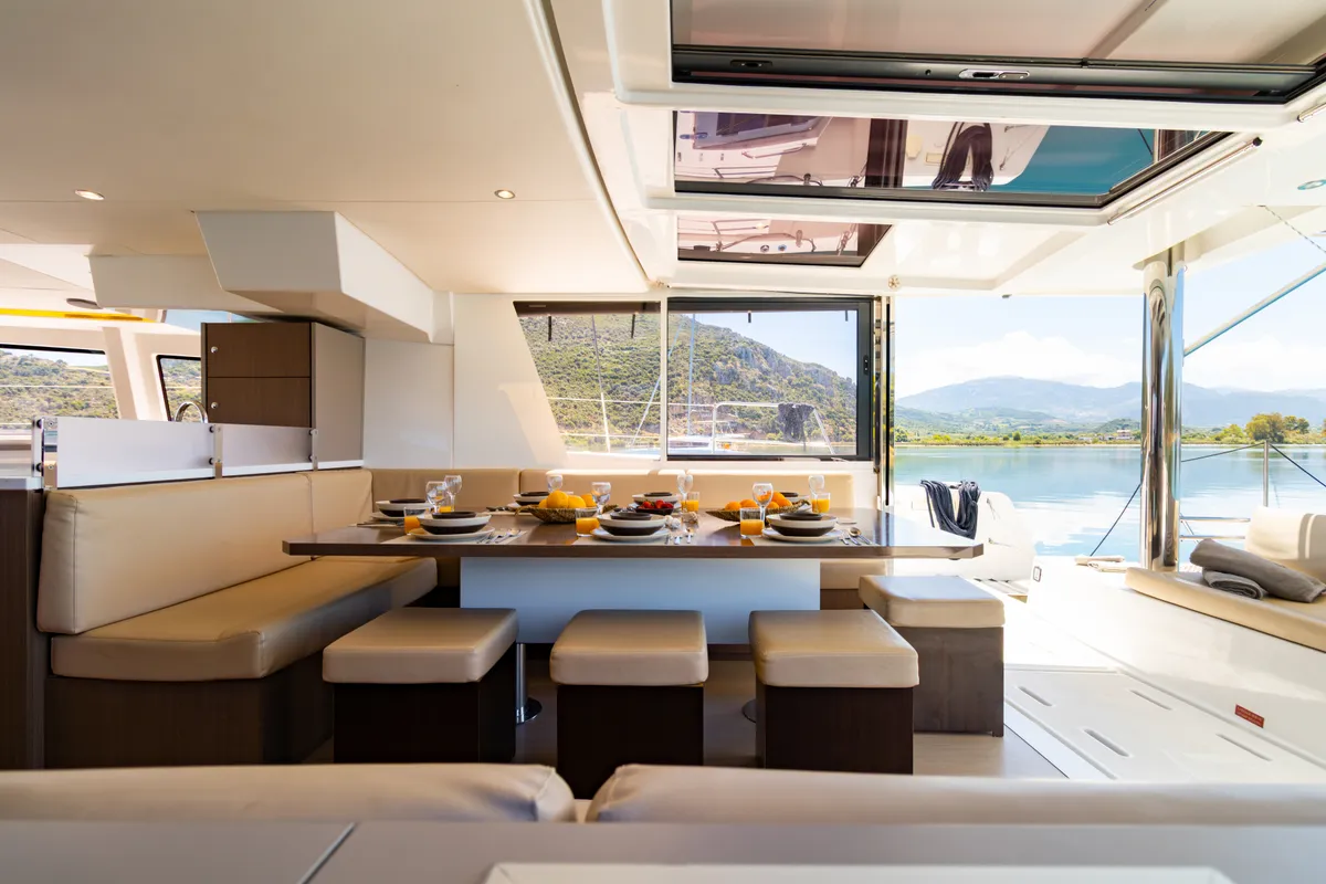 Salon of Stelina, a Bali 4.8 catamaran at Preveza, Greece