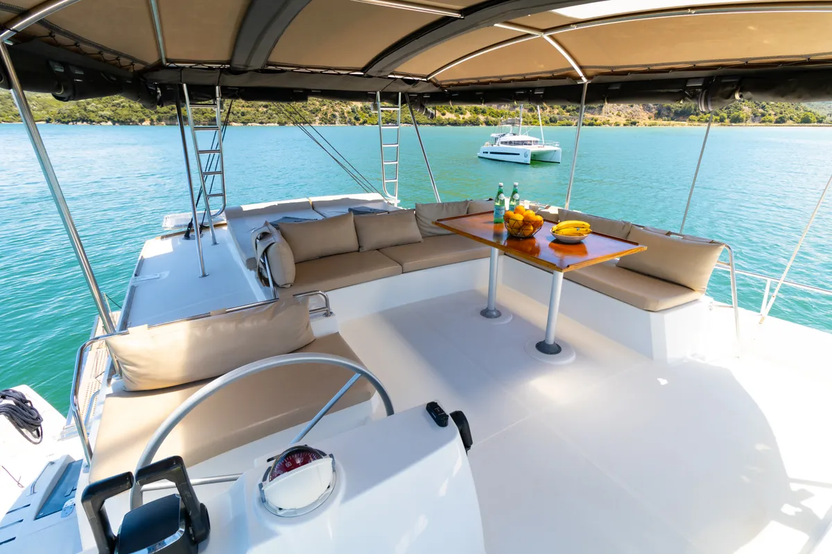 Cockpit of Stelina, a Bali 4.8 catamaran at Preveza, Greece