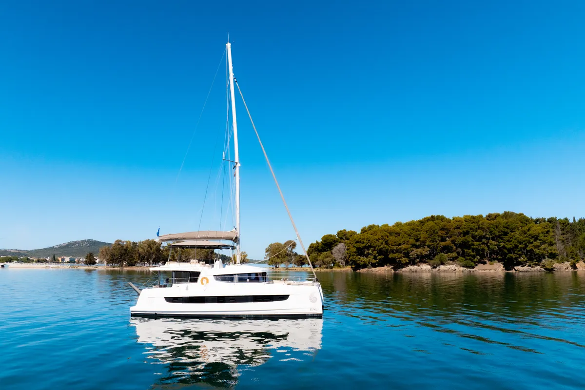 Exterior view of Stelina, a Bali 4.8 catamaran at Preveza, Greece