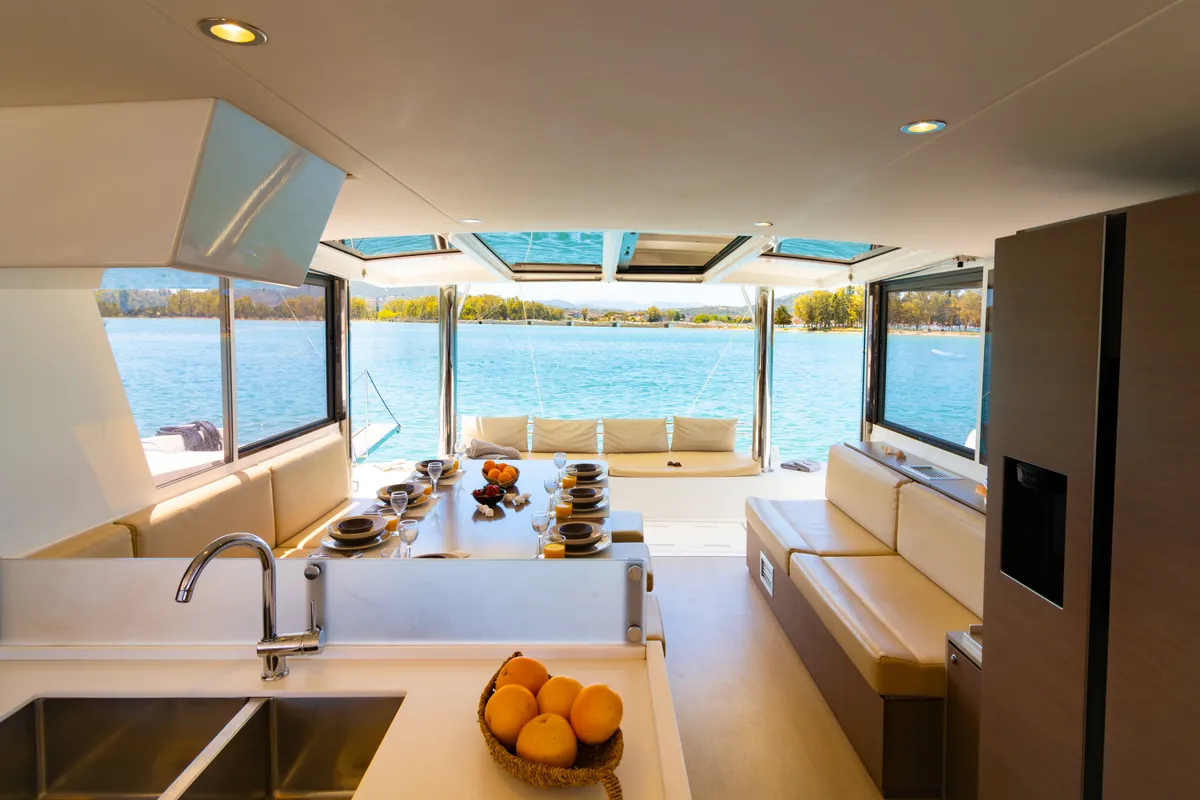 Salon of Stelina, a Bali 4.8 catamaran at Preveza, Greece