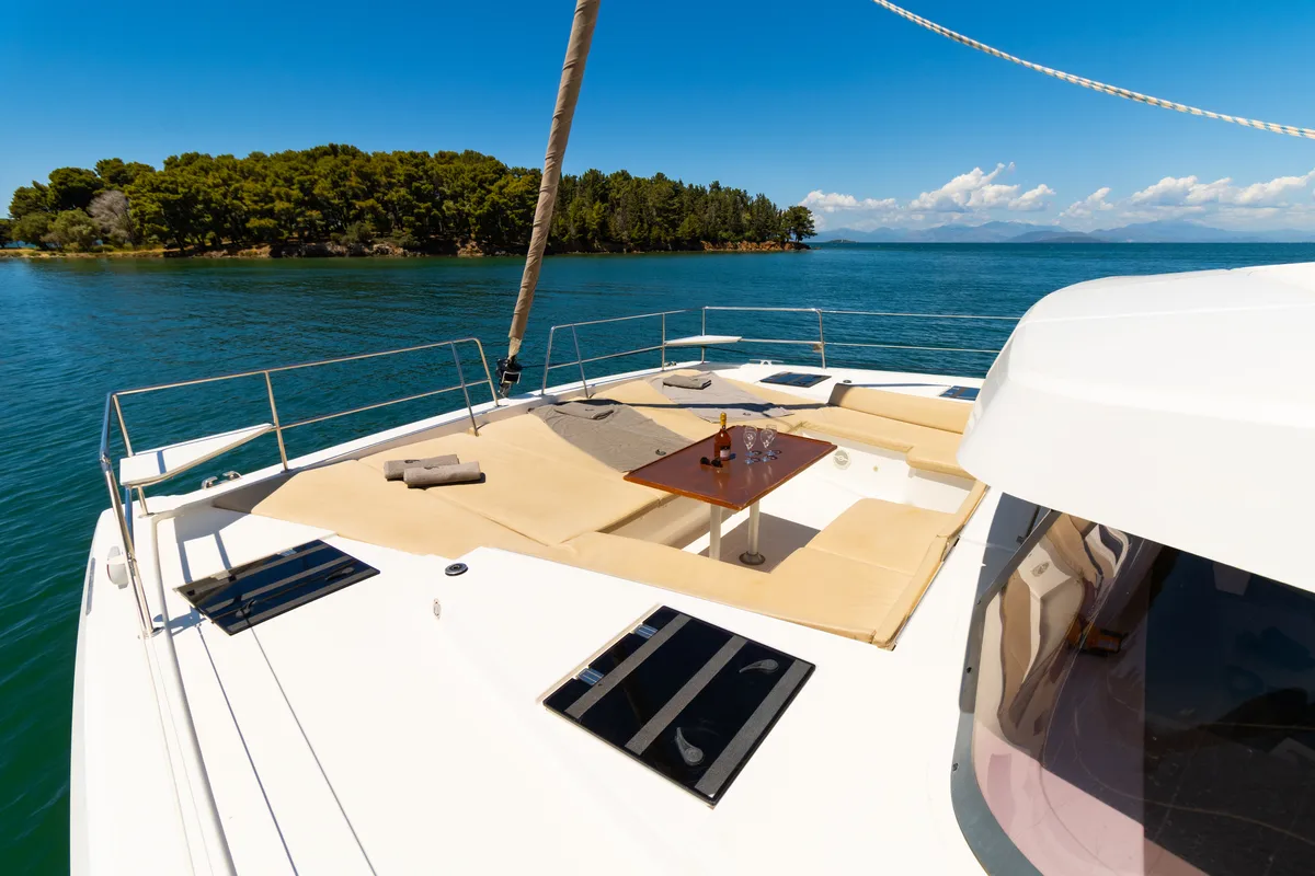 Deck of Stelina, a Bali 4.8 catamaran at Preveza, Greece