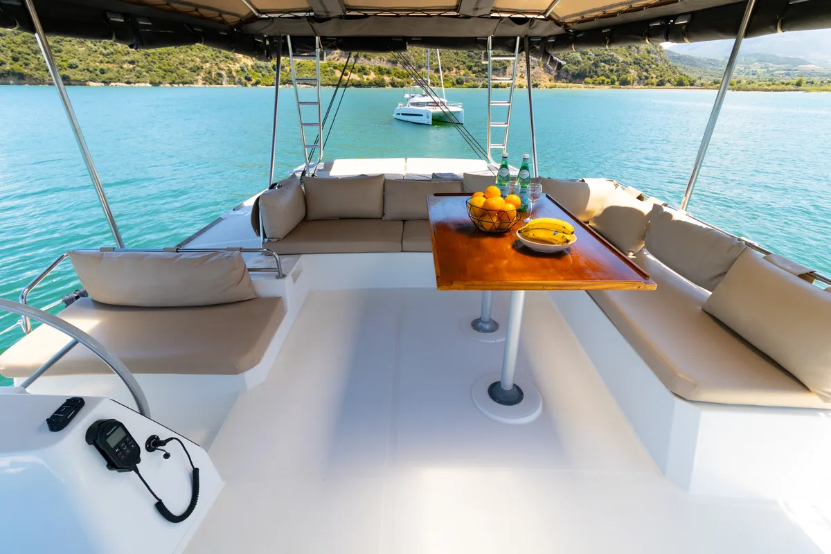 Deck of Stelina, a Bali 4.8 catamaran at Preveza, Greece