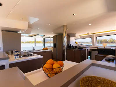 Salon of Stelina, a Bali 4.8 catamaran at Preveza, Greece