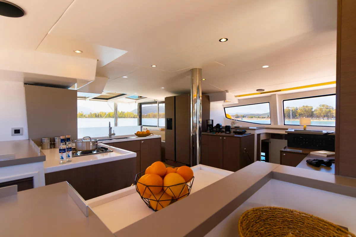 Salon of Stelina, a Bali 4.8 catamaran at Preveza, Greece