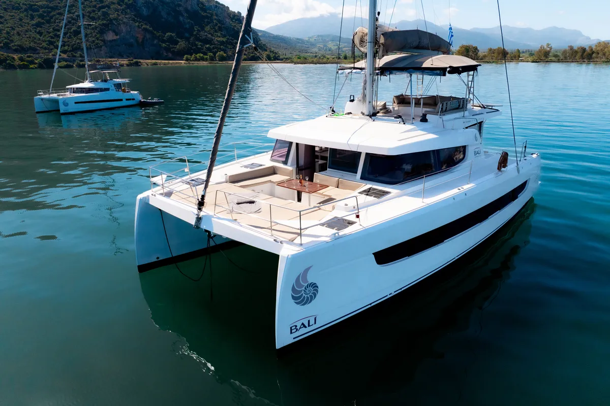 Exterior view of Stelina, a Bali 4.8 catamaran at Preveza, Greece