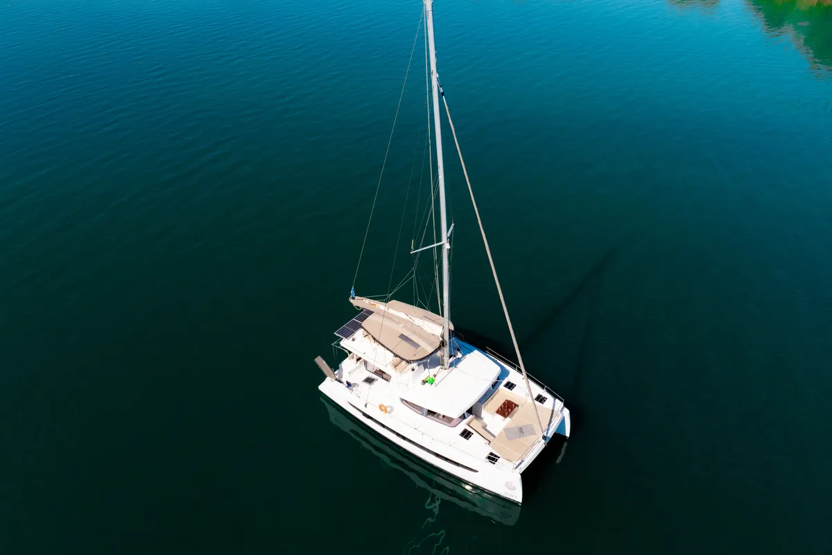 Exterior view of Stelina, a Bali 4.8 catamaran at Preveza, Greece