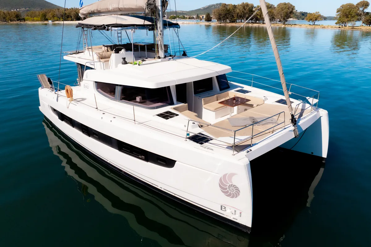 Exterior view of Stelina, a Bali 4.8 catamaran at Preveza, Greece