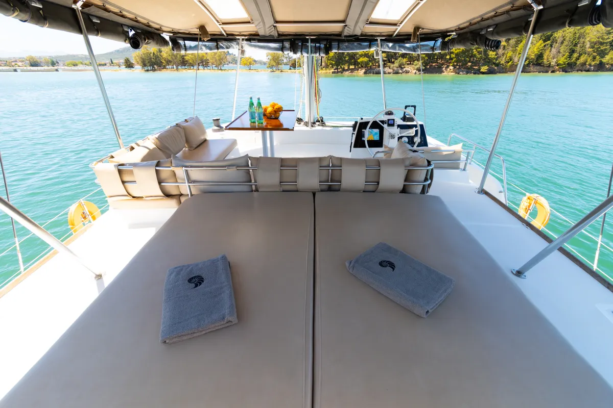 Deck of Stelina, a Bali 4.8 catamaran at Preveza, Greece