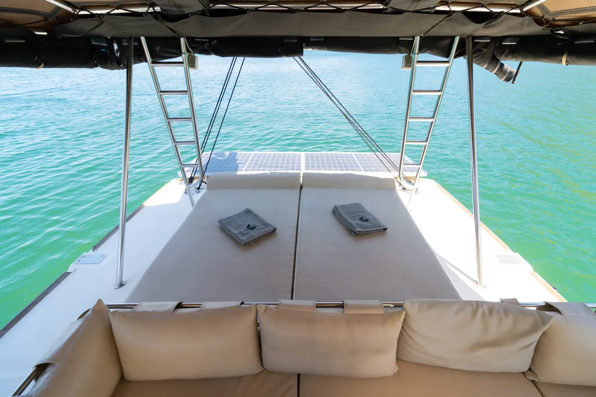 Deck of Stelina, a Bali 4.8 catamaran at Preveza, Greece