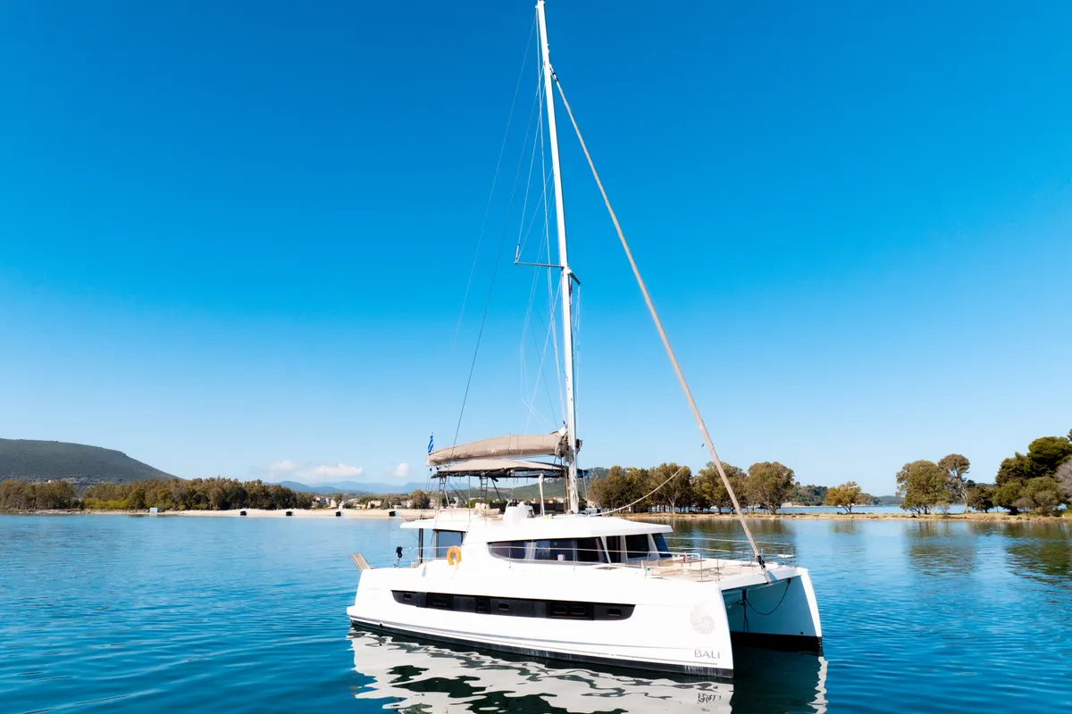 Exterior view of Stelina, a Bali 4.8 catamaran at Preveza, Greece