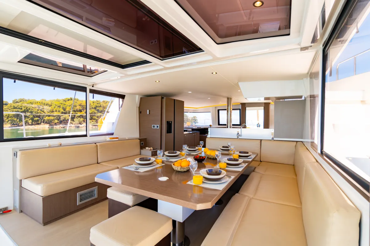 Salon of Stelina, a Bali 4.8 catamaran at Preveza, Greece