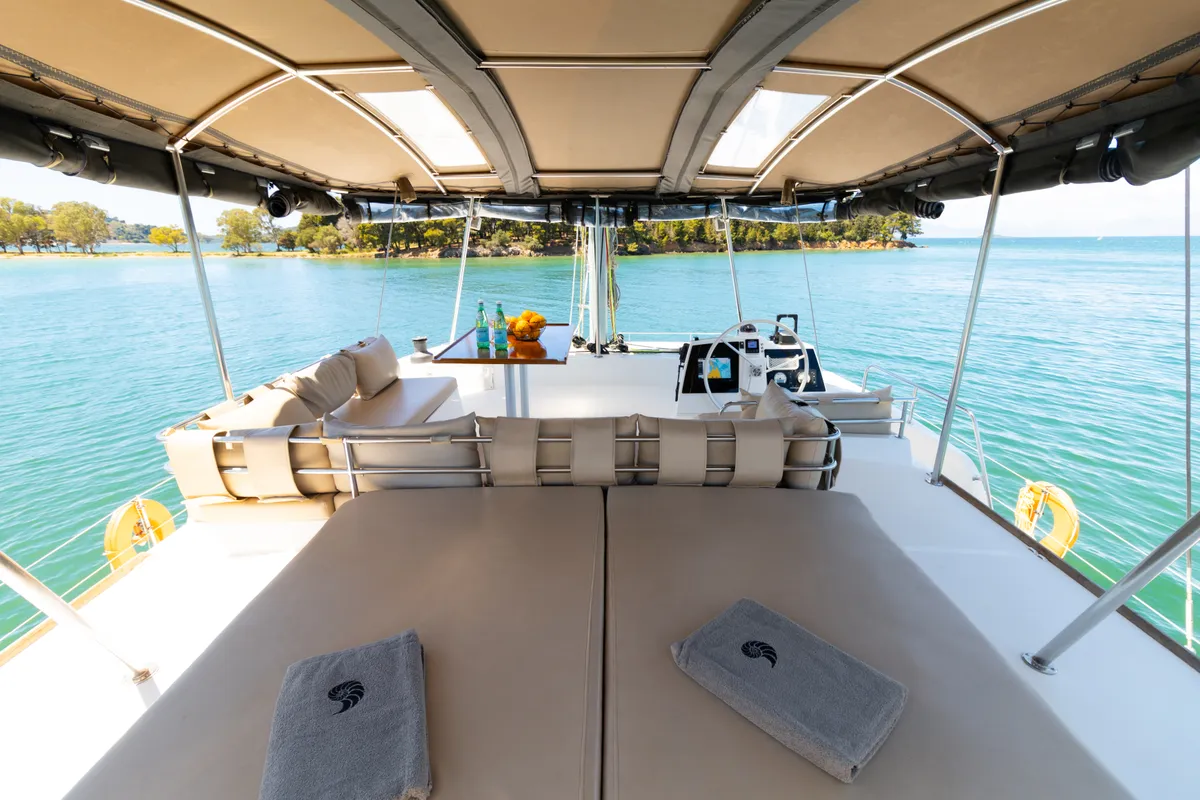 Deck of Stelina, a Bali 4.8 catamaran at Preveza, Greece