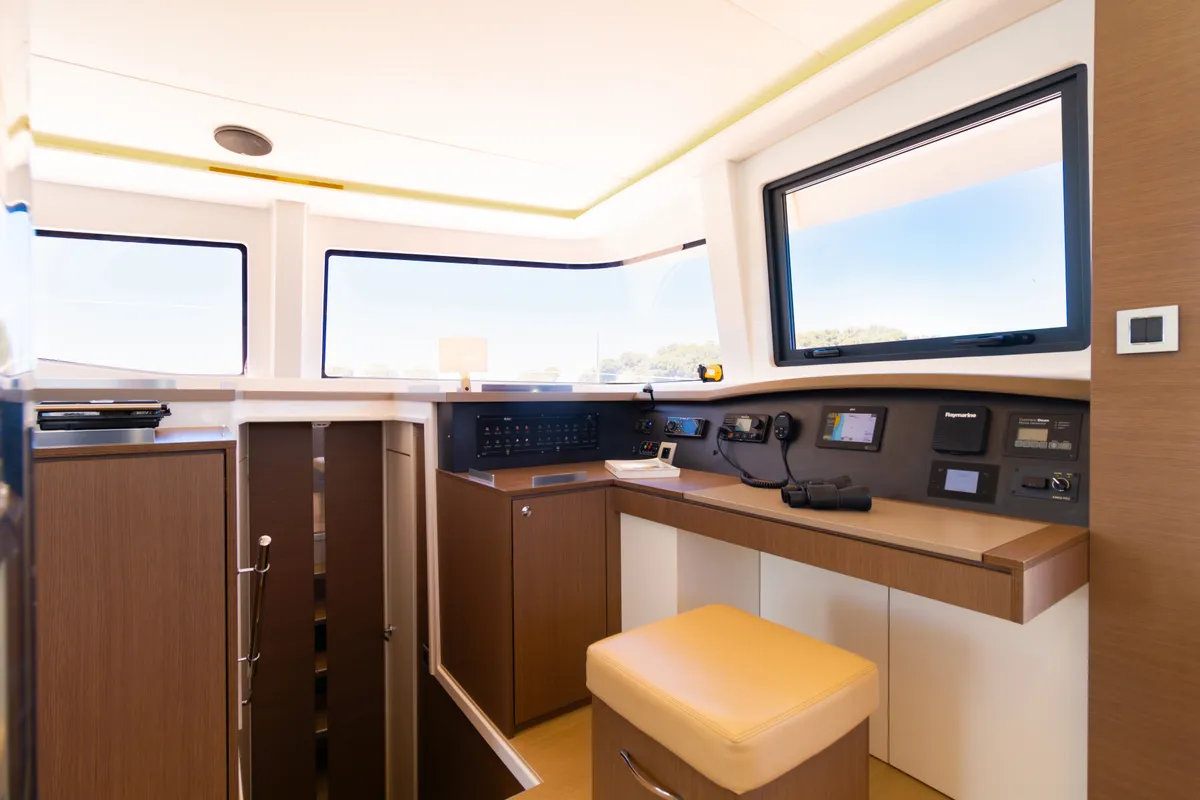 Cockpit of Stelina, a Bali 4.8 catamaran at Preveza, Greece