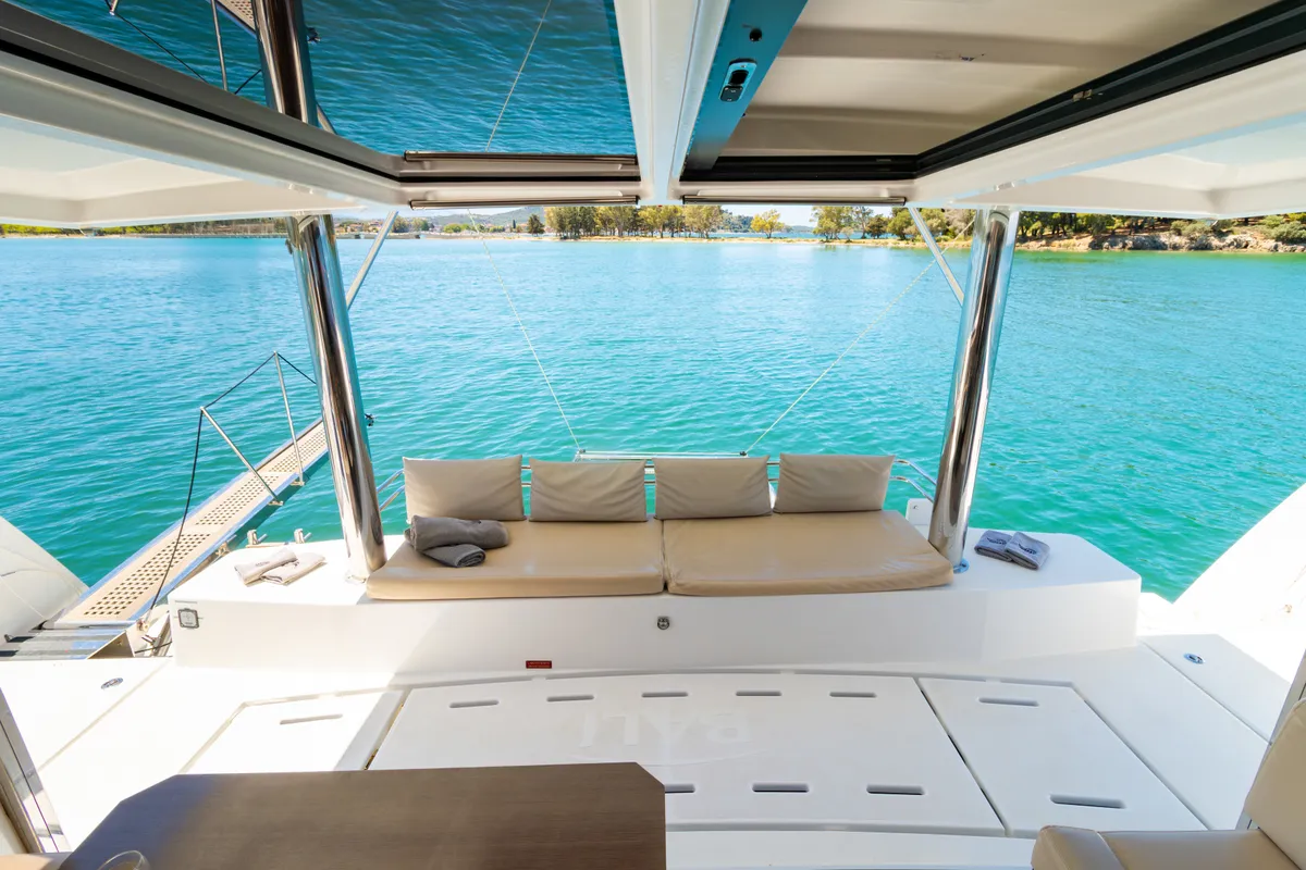 Deck of Stelina, a Bali 4.8 catamaran at Preveza, Greece