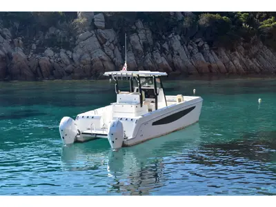 Exterior view of Eagle I, a Aquila 28 motorboat at Cannigione, Italy