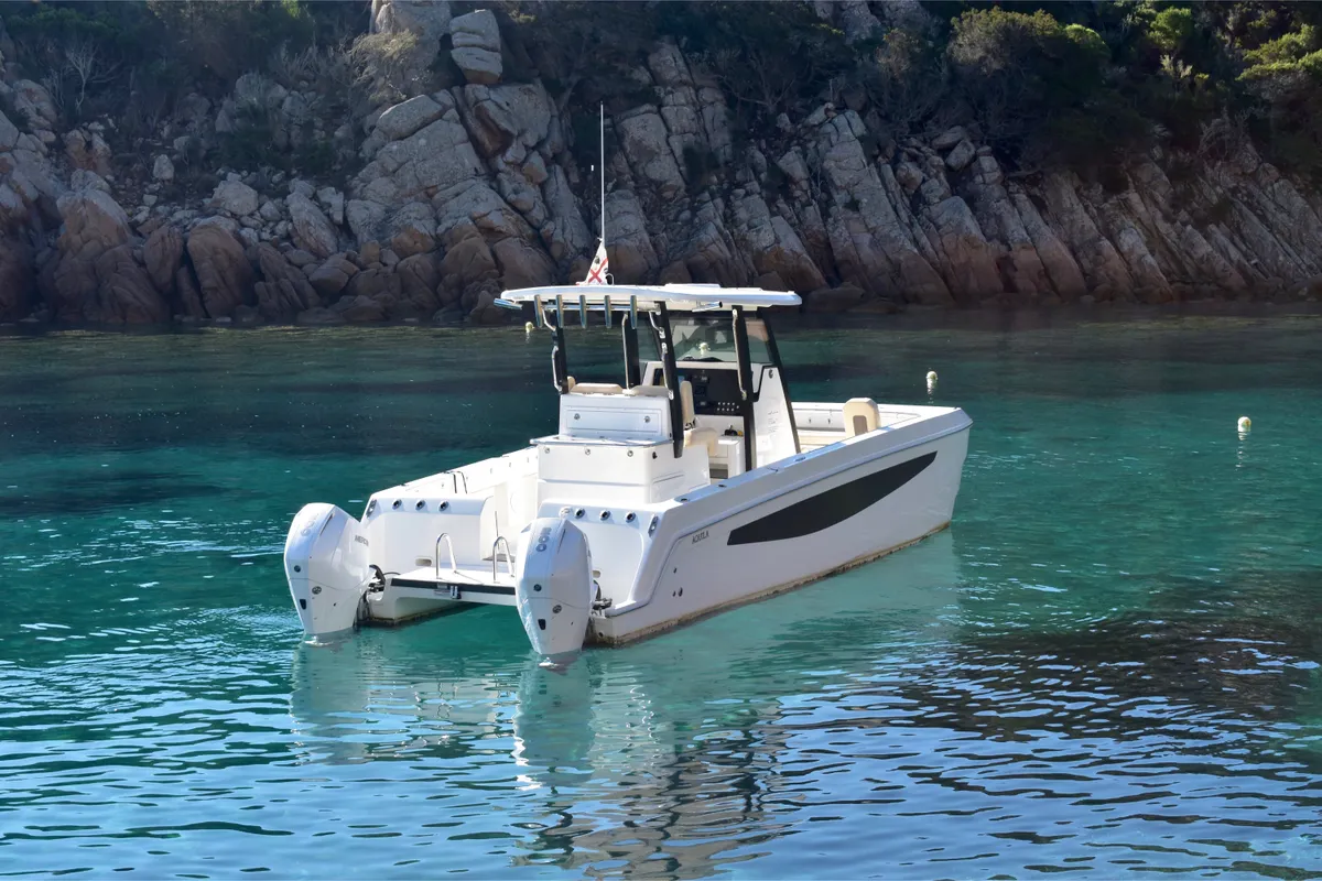 Exterior view of Eagle I, a Aquila 28 motorboat at Cannigione, Italy