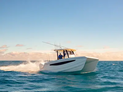 Exterior view of Eagle I, a Aquila 28 motorboat at Cannigione, Italy