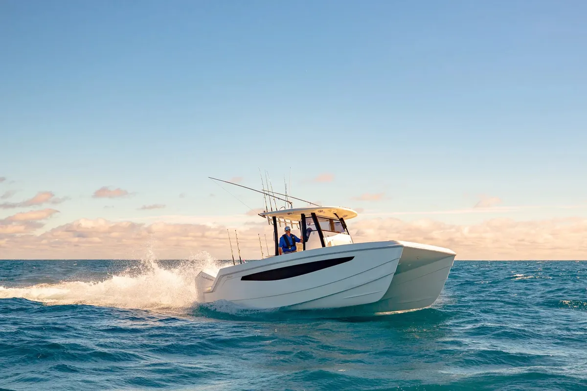 Exterior view of Eagle I, a Aquila 28 motorboat at Cannigione, Italy