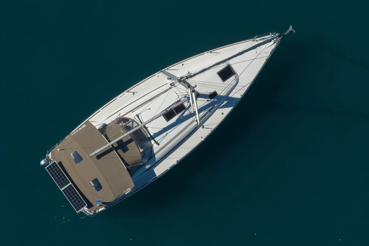 Exterior view of Nirikos, a Jeanneau Sun Odyssey 419 sailboat at Municipal Unit of Lefkada, Greece