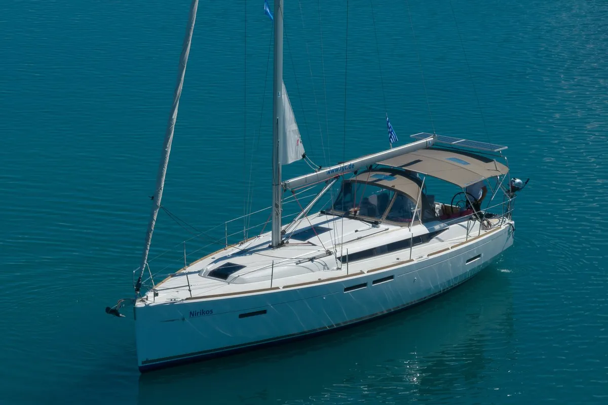 Exterior view of Nirikos, a Jeanneau Sun Odyssey 419 sailboat at Municipal Unit of Lefkada, Greece