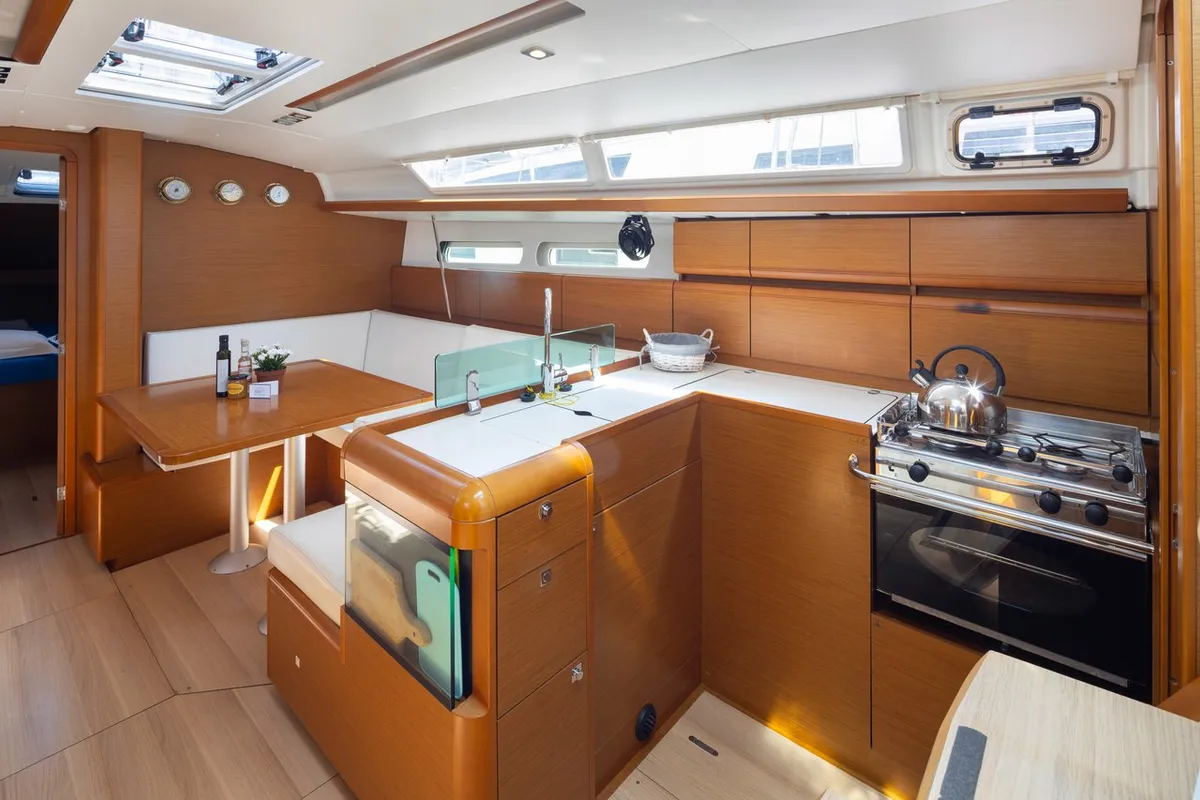 Galley of Nirikos, a Jeanneau Sun Odyssey 419 sailboat at Municipal Unit of Lefkada, Greece