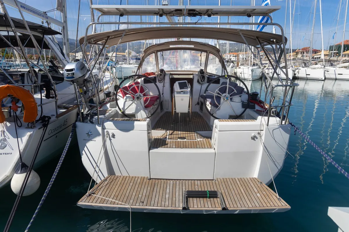 Deck of Nirikos, a Jeanneau Sun Odyssey 419 sailboat at Municipal Unit of Lefkada, Greece