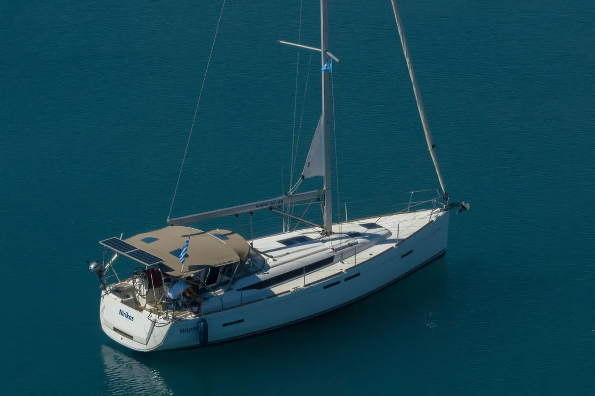 Exterior view of Nirikos, a Jeanneau Sun Odyssey 419 sailboat at Municipal Unit of Lefkada, Greece