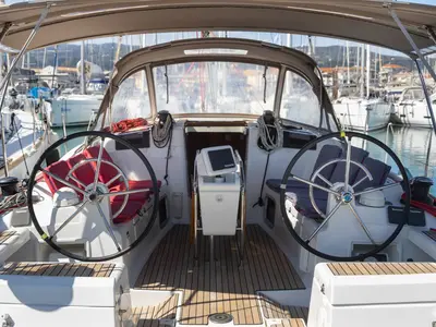 Cockpit of Nirikos, a Jeanneau Sun Odyssey 419 sailboat at Municipal Unit of Lefkada, Greece