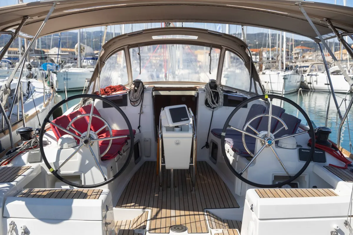 Cockpit of Nirikos, a Jeanneau Sun Odyssey 419 sailboat at Municipal Unit of Lefkada, Greece