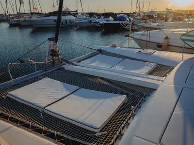 Deck of Caramela, a Lagoon 380 catamaran at Sithonia, Greece