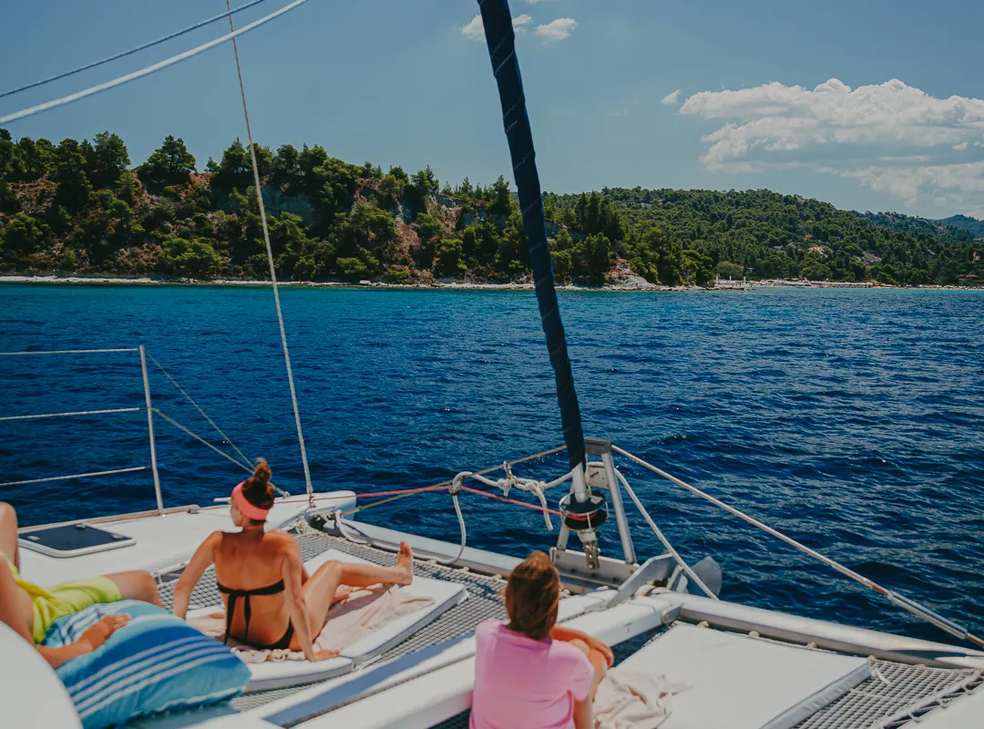 Deck of Caramela, a Lagoon 380 catamaran at Sithonia, Greece
