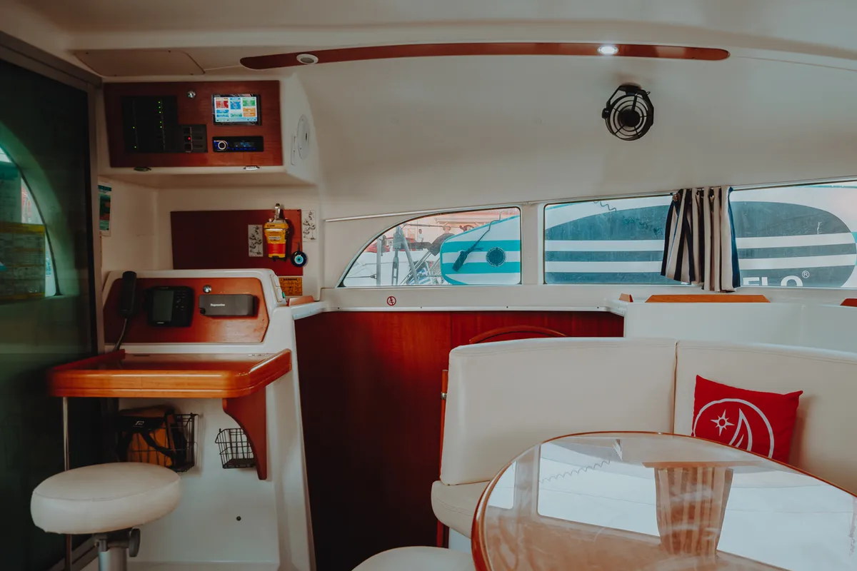 Salon of Caramela, a Lagoon 380 catamaran at Sithonia, Greece