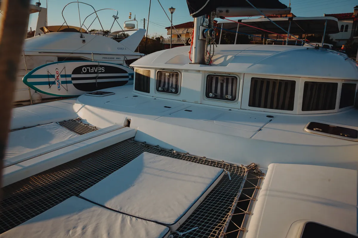 Deck of Caramela, a Lagoon 380 catamaran at Sithonia, Greece