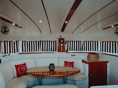 Salon of Caramela, a Lagoon 380 catamaran at Sithonia, Greece
