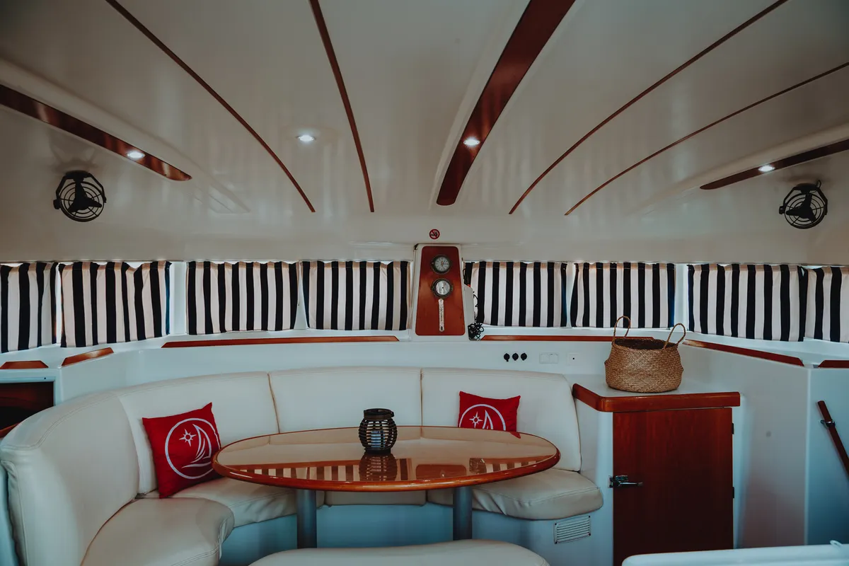 Salon of Caramela, a Lagoon 380 catamaran at Sithonia, Greece