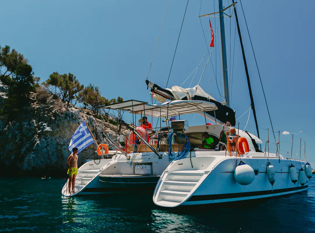 Exterior view of Caramela, a Lagoon 380 catamaran at Sithonia, Greece