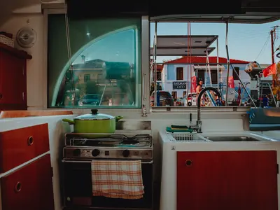 Galley of Caramela, a Lagoon 380 catamaran at Sithonia, Greece