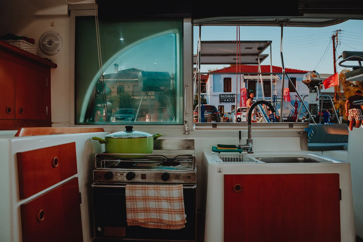 Galley of Caramela, a Lagoon 380 catamaran at Sithonia, Greece