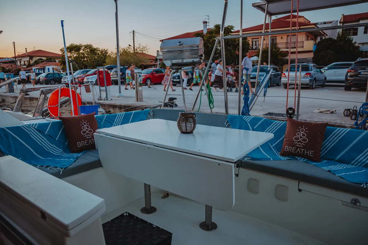 Deck of Caramela, a Lagoon 380 catamaran at Sithonia, Greece