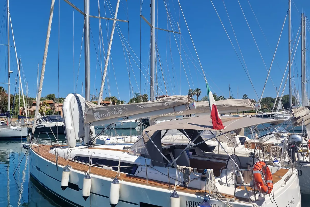 Exterior view of Hedone, a Dufour 412 GL sailboat at Tonnarella, Italy