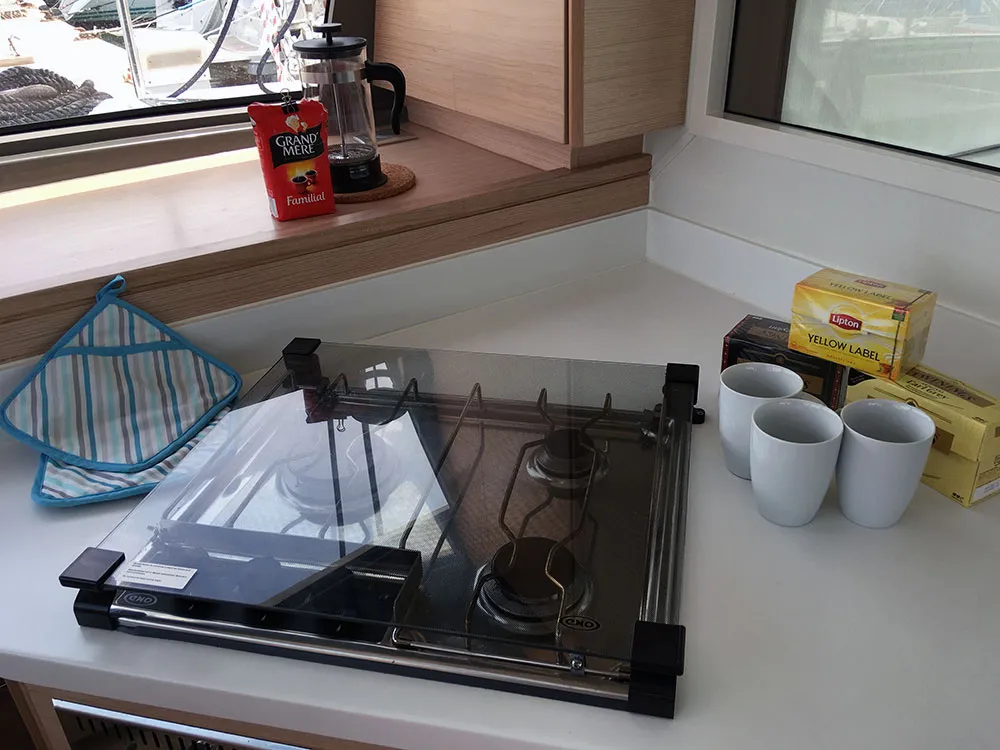 Galley of Hygge, a Nautitech 40 Open catamaran at Llucmajor, Spain