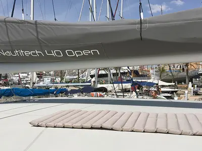 Deck of Hygge, a Nautitech 40 Open catamaran at Llucmajor, Spain